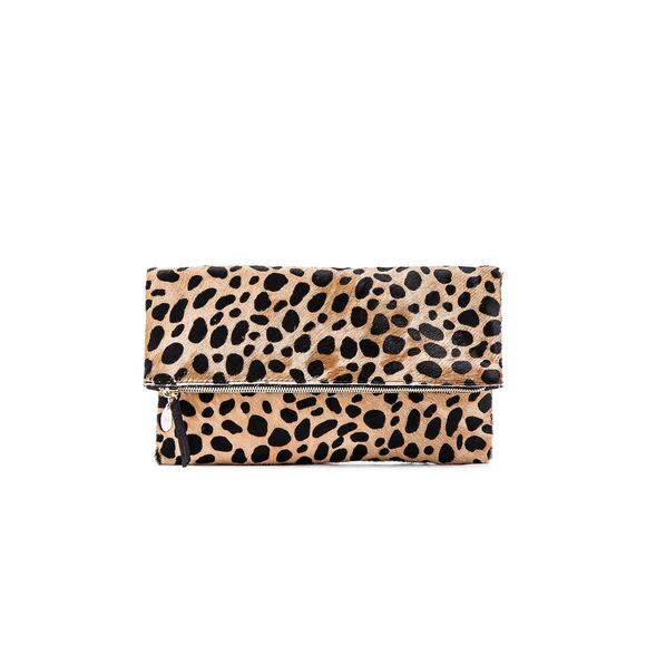 CLARE V. Foldover Calf Hair Clutch Leopard Print Linen Lined Gold Top Zip - Picture 7 of 9